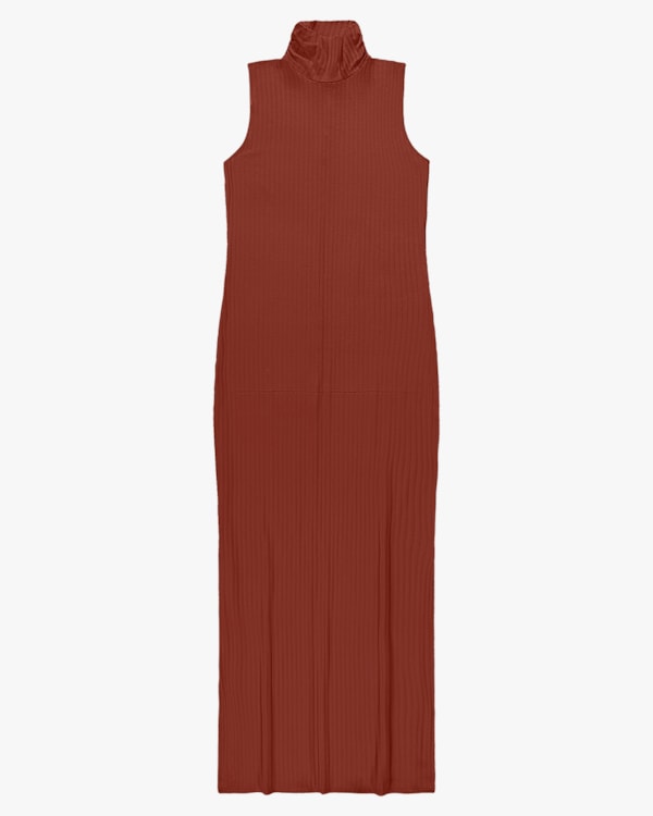 Vestido Longo Gola Alta Canelado - Cereja Rosa - Ferrugem