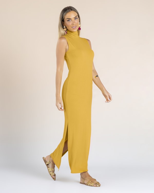 Vestido Longo Gola Alta Canelado - Cereja Rosa - Mostarda