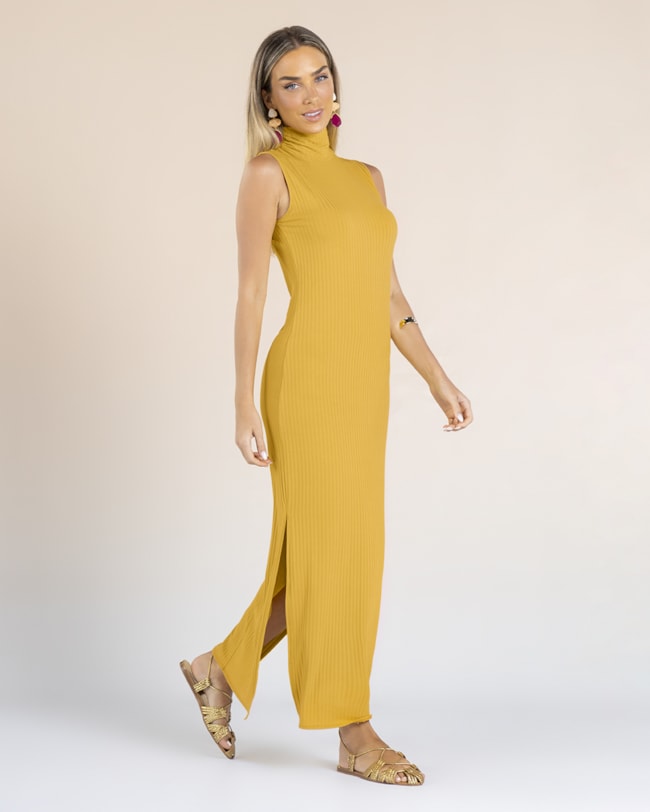 Vestido Longo Gola Alta Canelado - Cereja Rosa - Mostarda-2ef8f0c7-ec32-40e8-8be3-ddb93106c238