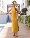 Vestido Longo Gola Alta Canelado - Cereja Rosa - Mostarda G-13913ec0-657f-4929-98a2-1bc0292838de