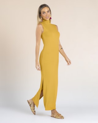 Vestido Longo Gola Alta Canelado - Cereja Rosa - Mostarda G