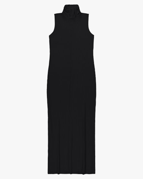 Vestido Longo Gola Alta Canelado - Cereja Rosa - Preto