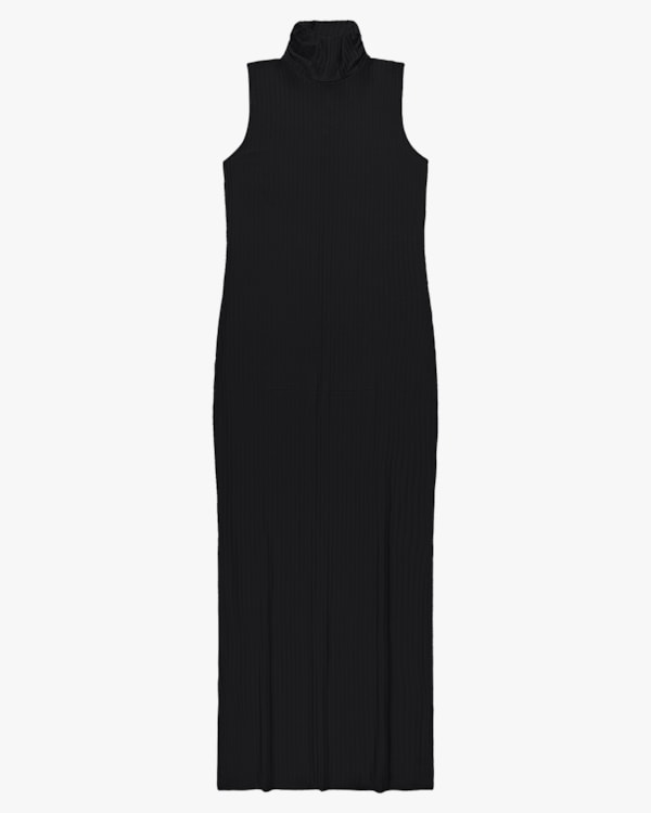 Vestido Longo Gola Alta Canelado - Cereja Rosa - Preto