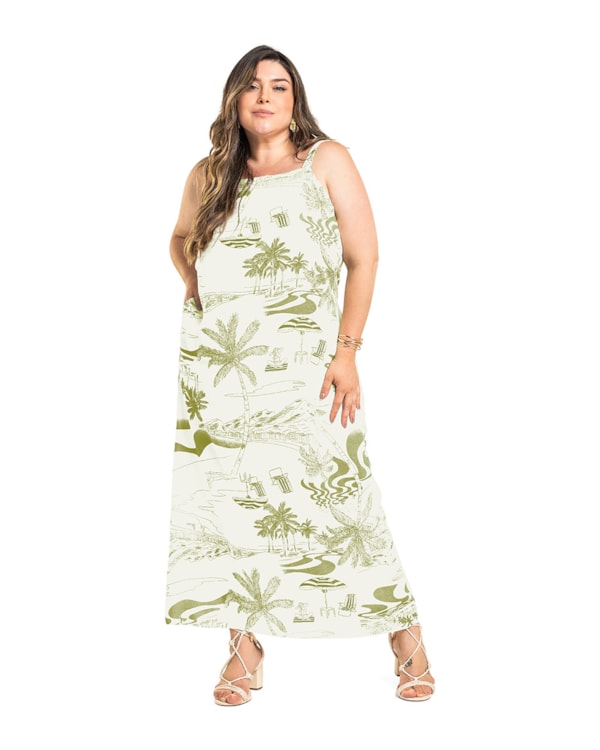Vestido Longo Plus Size Estampado com Bolso Cereja Rosa Oliva