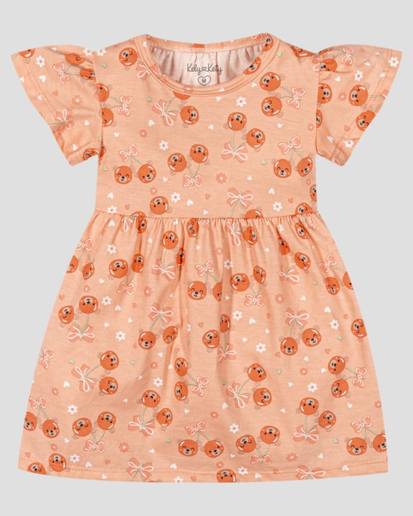 Vestido Menina em Meia Malha Estampa Ursinhos Kely Kety Laranja