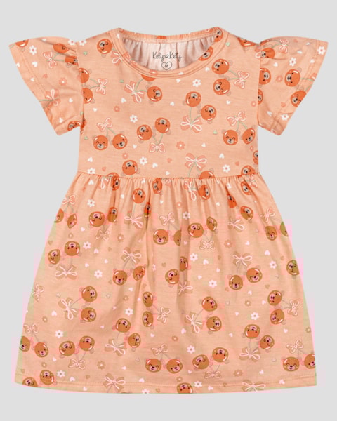 Vestido Menina em Meia Malha Estampa Ursinhos Kely Kety Laranja