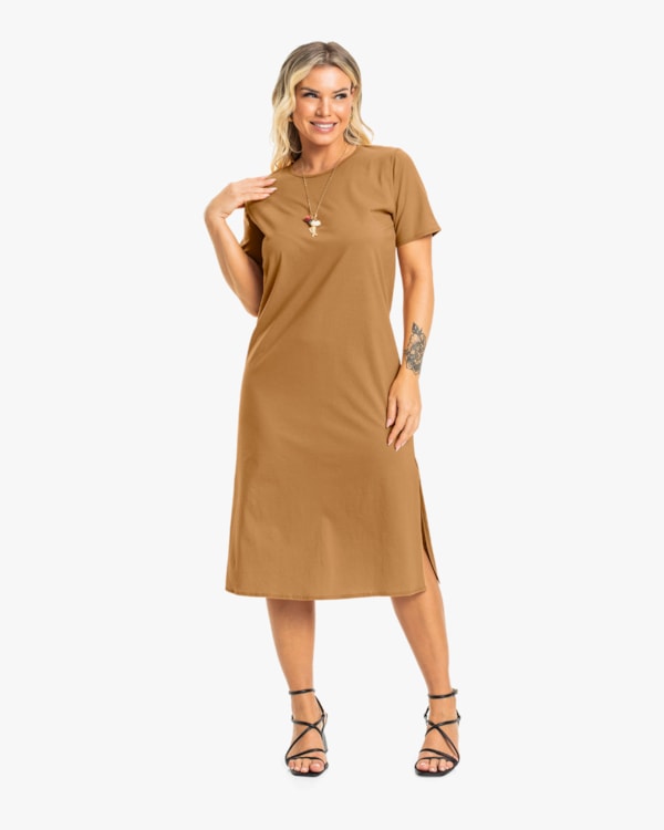 Vestido Midi Báscio em Meia Malha Cereja Rosa-Gengibre