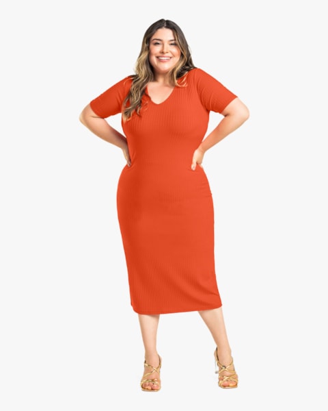 Vestido Midi Básico Canelado Plus Size Cereja Rosa
