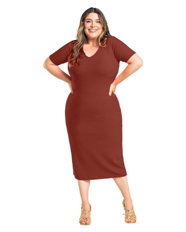 Vestido Midi Básico Canelado Plus Size - Cereja Rosa - Ferrugem