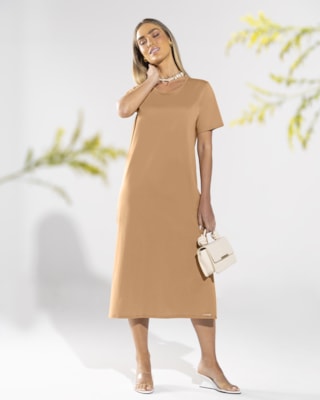 Vestido Midi Básico com Abertura Lateral - Cereja Rosa - Capim Dourado