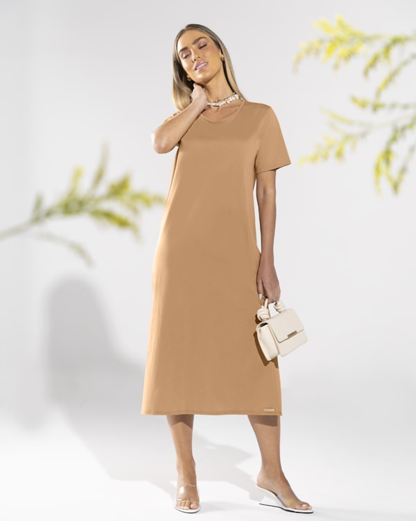 Vestido Midi Básico com Abertura Lateral - Cereja Rosa - Capim Dourado