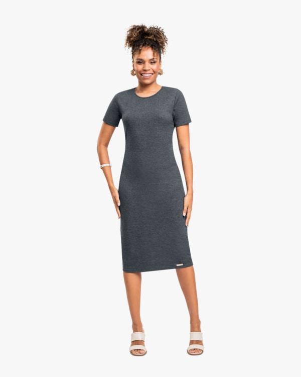 Vestido Midi Básico em Ribana Canelada - Cereja Rosa - Dark Mescla