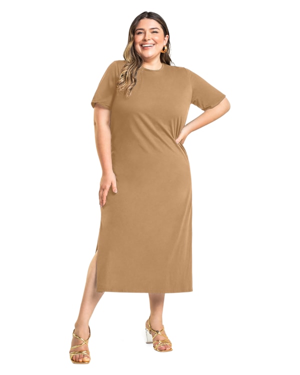 Vestido Midi Básico Plus Size com Abertura Lateral - Cereja Rosa - Capim Dourado