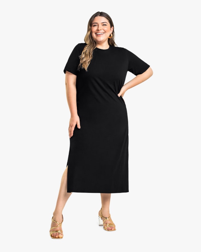 Vestido Midi Básico Plus Size com Abertura Lateral - Cereja Rosa - Preto-03b9d06b-e0d8-480d-8af4-5a4b9a052e79