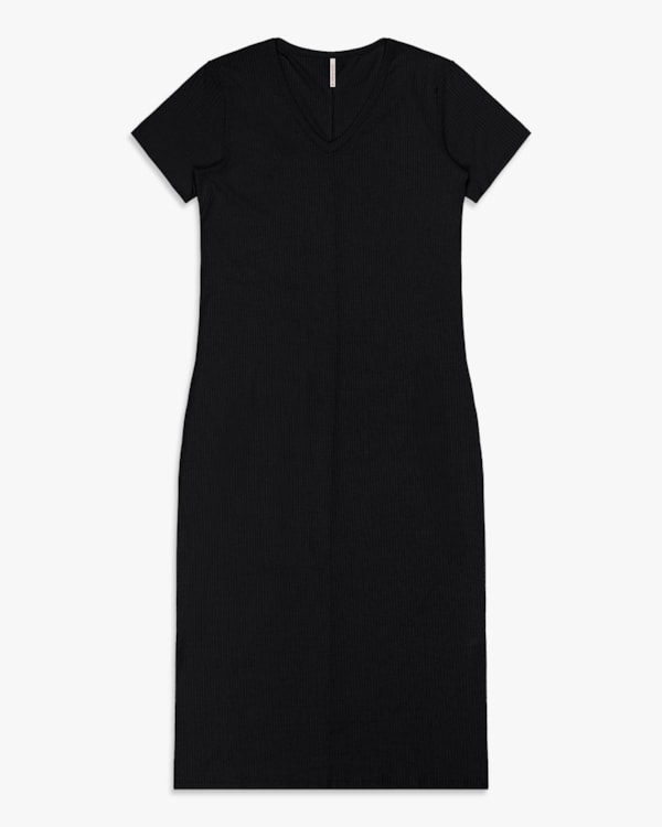 Vestido Midi Básico Plus Size em Ribana Canelada - Cereja Rosa - Preto