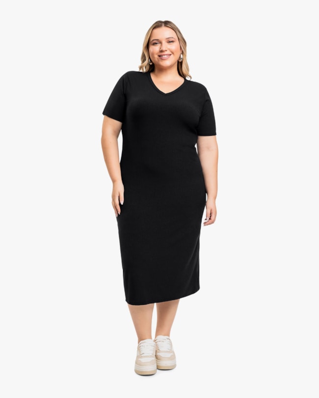 Vestido Midi Básico Plus Size em Ribana Canelada - Cereja Rosa - Preto-eb5814af-493e-4e90-9e62-b3d41d024b72
