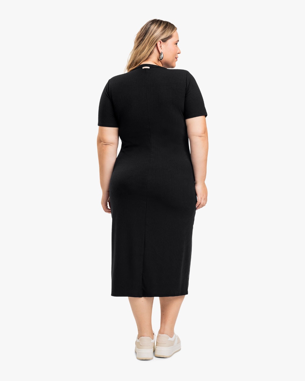 【R&B】Lady Vestido Midi Básico Plus Size em Ribana Canelada - Cereja Rosa - Preto