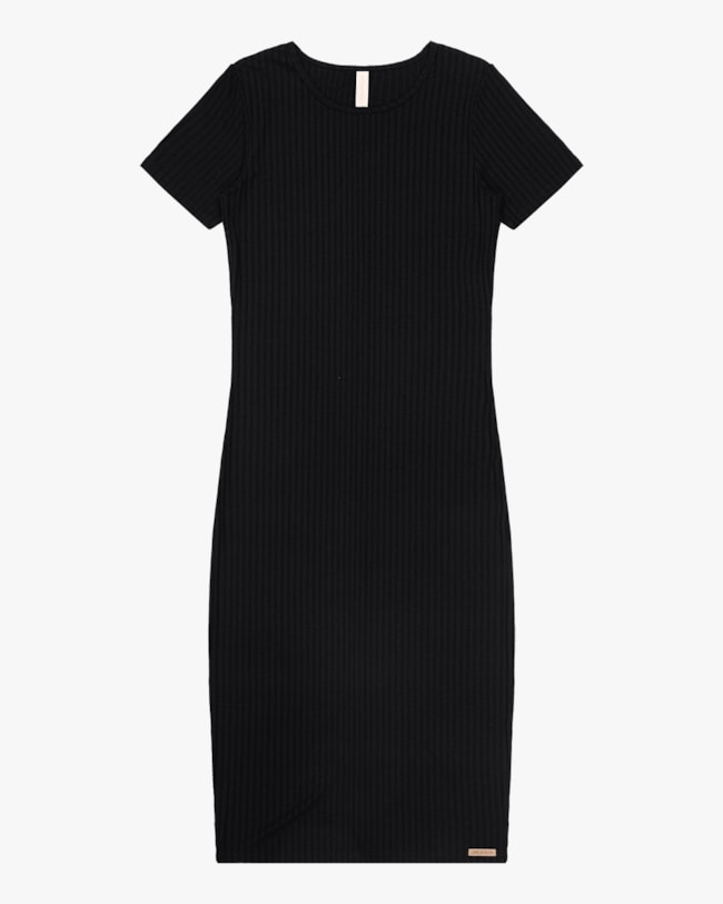 Vestido Midi Canelado Básico Manga Curta - Cereja Rosa - Preto-4a5727e3-3398-4042-afe3-39f48810576c