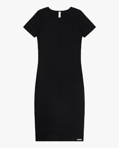 Vestido Midi Canelado Básico Manga Curta - Cereja Rosa - Preto