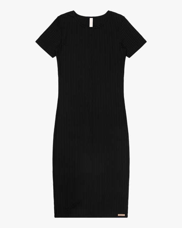 Vestido Midi Canelado Básico Manga Curta - Cereja Rosa - Preto