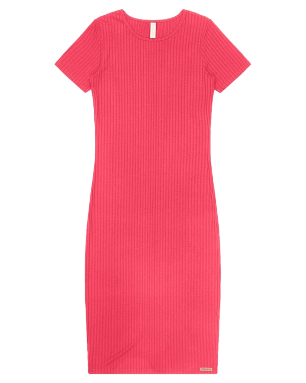 Vestido Midi Canelado Básico Manga Curta - Cereja Rosa - Rosa