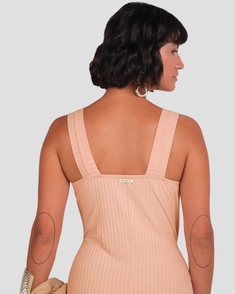 Vestido Midi Canelado com Amarração Cereja Rosa Nude