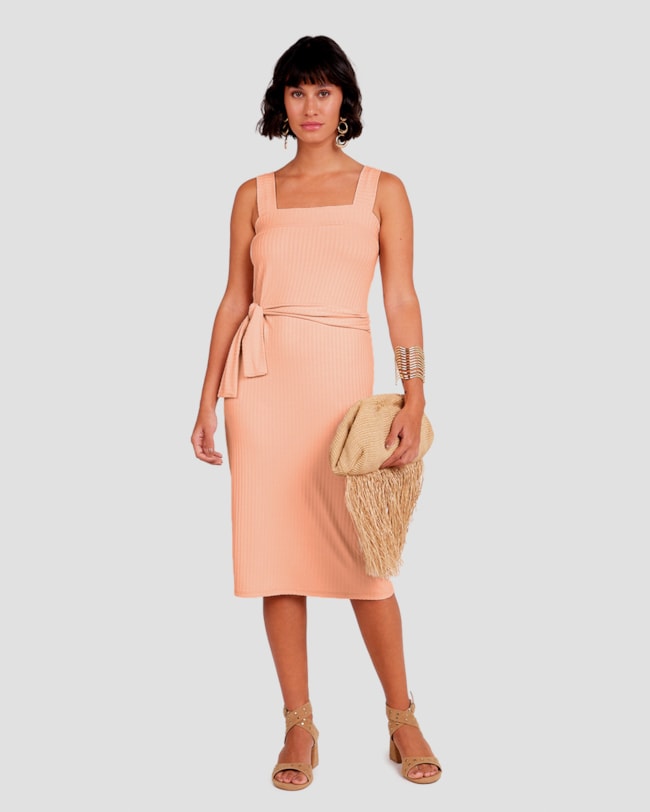 Vestido Midi Canelado com Amarração Cereja Rosa Nude-d6cf1cf1-b4ee-44f5-a527-9785e34e6719
