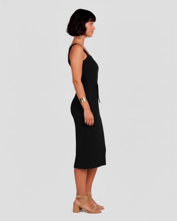 Vestido Midi Canelado com Amarração Cereja Rosa Preto