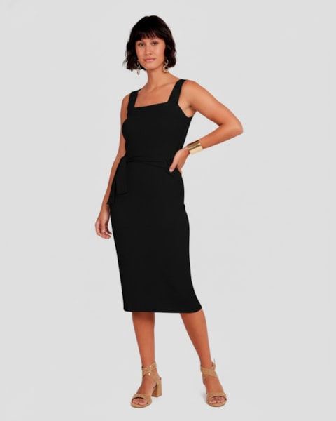 Vestido Midi Canelado com Amarração Cereja Rosa Preto