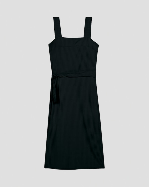 Vestido Midi Canelado com Amarração Cereja Rosa Preto