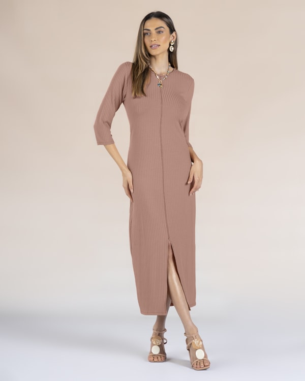 Vestido Midi Canelado com Fenda - Cereja Rosa - Aveia G