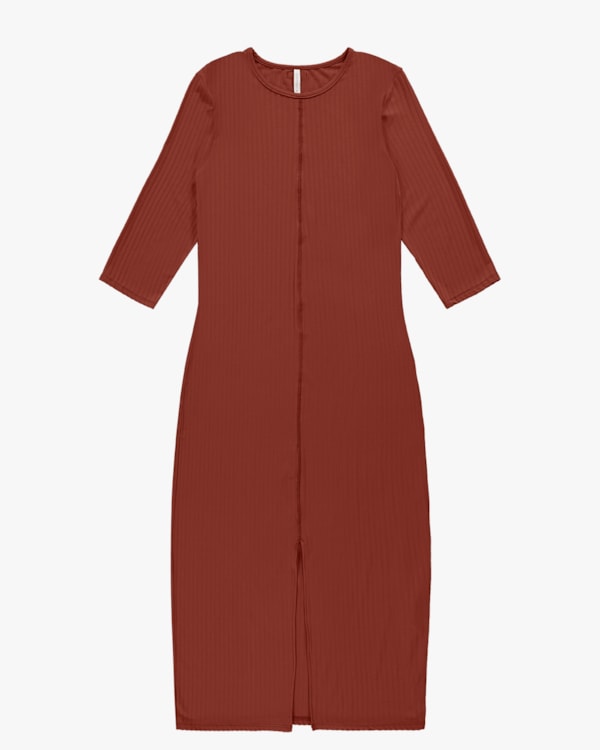 Vestido Midi Canelado com Fenda - Cereja Rosa - Ferrugem