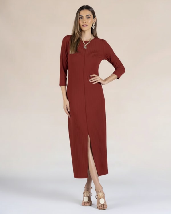 Vestido Midi Canelado com Fenda - Cereja Rosa - Ferrugem