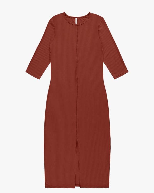 Vestido Midi Canelado com Fenda - Cereja Rosa - Ferrugem G