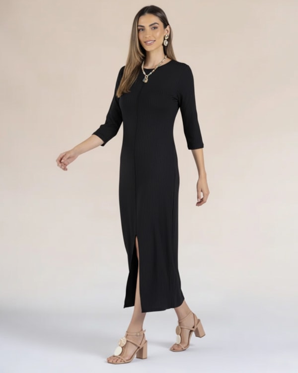 Vestido Midi Canelado com Fenda - Cereja Rosa - Preto