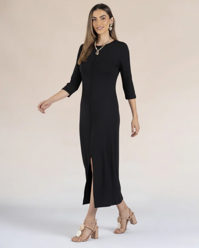 Vestido Midi Canelado com Fenda - Cereja Rosa - Preto-c2cdba6d-1115-4e2f-a2c9-2e8ee9784ba6