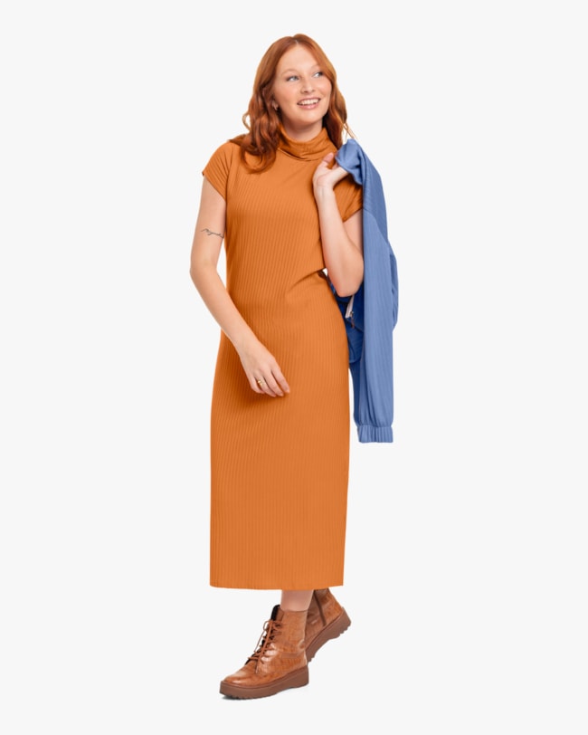 Vestido Midi Canelado com Gola Alta Cereja Rosa- Amarelo-1bfedfc0-0c15-4c67-94f0-110c389f06b6