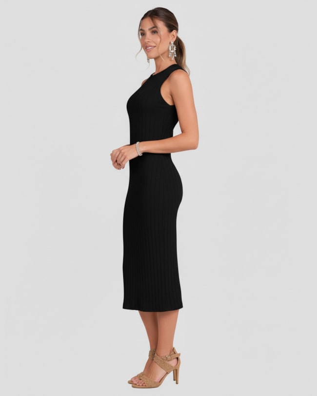 Vestido Midi Canelado com Gola Retilínea Cereja Rosa Preto-5f67b772-6e3e-4734-9f8e-65126f4d8a30