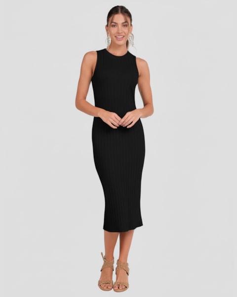 Vestido Midi Canelado com Gola Retilínea Cereja Rosa Preto