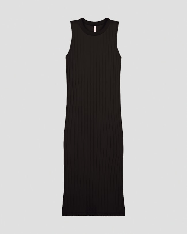 Vestido Midi Canelado com Gola Retilínea Cereja Rosa Preto-821b3667-1b63-4fbc-97e6-266613329e65