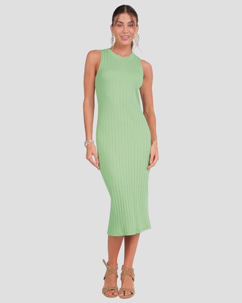 Vestido Midi Canelado com Gola Retilínea Cereja Rosa Verde