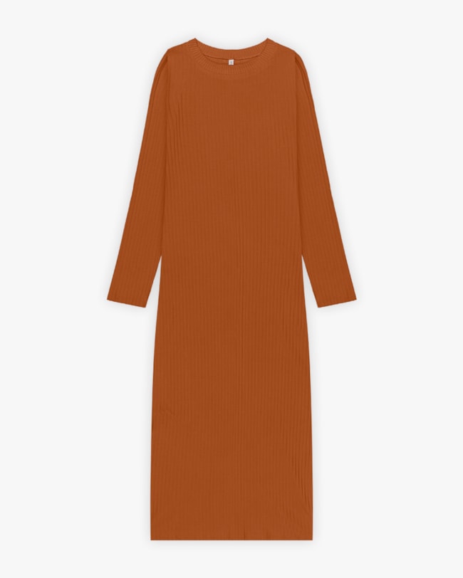 Vestido Midi Canelado com Manga Longa - Cereja Rosa - Inca-52255e58-1081-4f03-9b2d-f5c65b127e2a