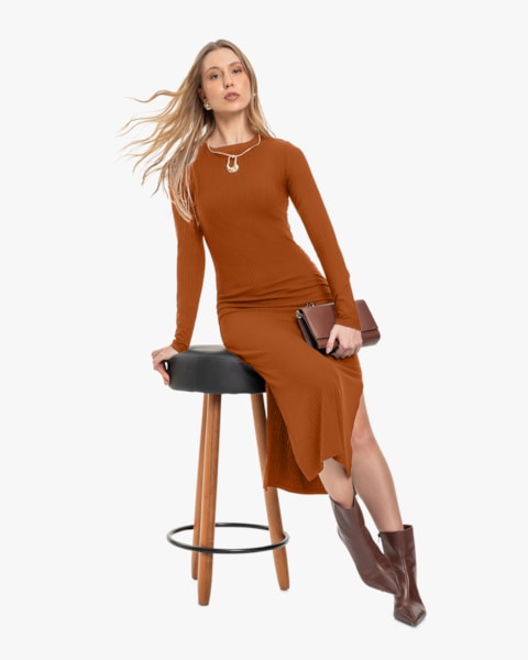 Vestido Midi Canelado com Manga Longa - Cereja Rosa - Inca
