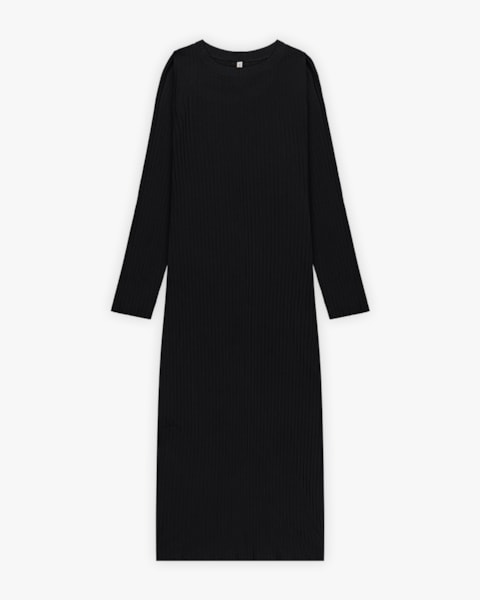 Vestido Midi Canelado com Manga Longa - Cereja Rosa - Preto