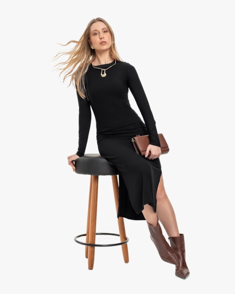 Vestido Midi Canelado com Manga Longa - Cereja Rosa - Preto