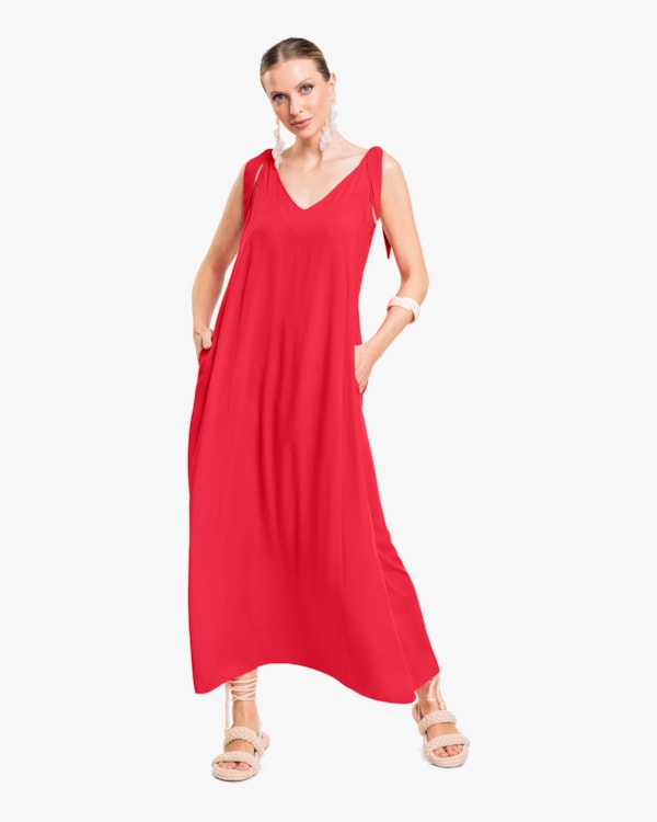 Vestido Midi com Amarração Ombro em Viscose - Cereja Rosa - Hibisco-GG