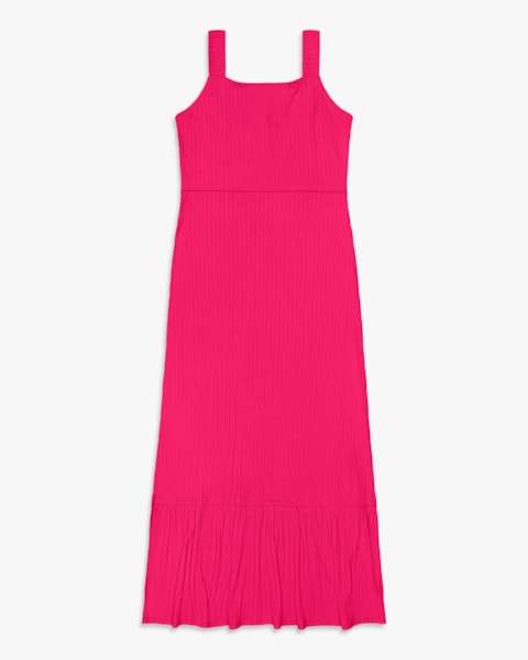 Vestido Midi com Babado Barra em Viscose Canelada - Cereja Rosa - Cherry