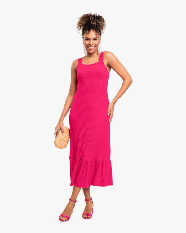 Vestido Midi com Babado Barra em Viscose Canelada - Cereja Rosa - Cherry-G
