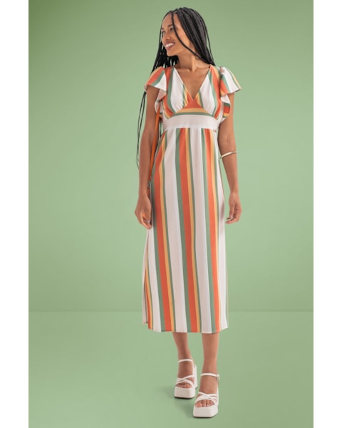 Vestido Midi com Babados na Manga e Recorte no Decote Cereja Rosa