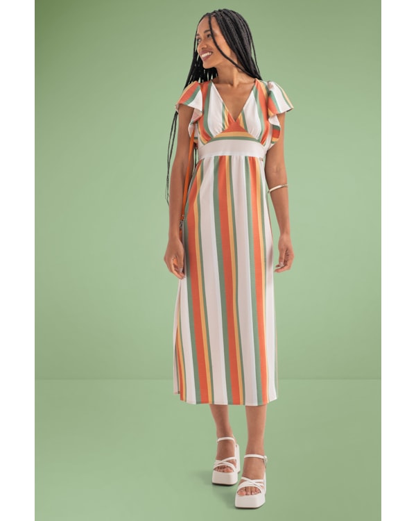 Vestido Midi com Babados na Manga e Recorte no Decote Cereja Rosa